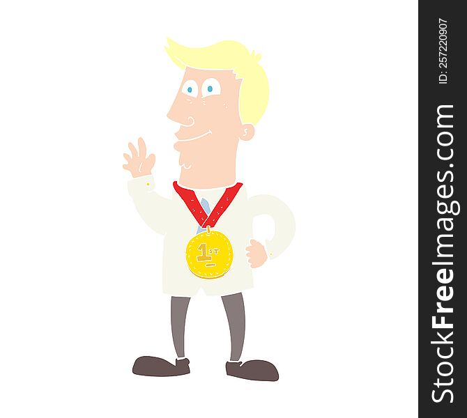 flat color illustration of waving man with award. flat color illustration of waving man with award