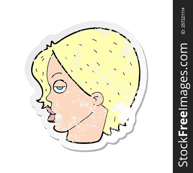Retro Distressed Sticker Of A Cartoon Woman Raising Eyebrow