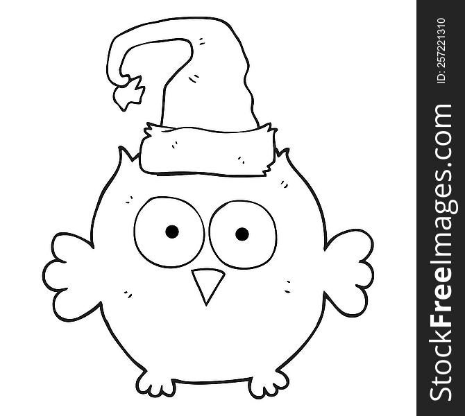 freehand drawn black and white cartoon owl wearing christmas hat