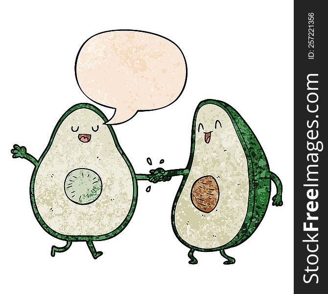 Cartoon Dancing Avocados And Speech Bubble In Retro Texture Style