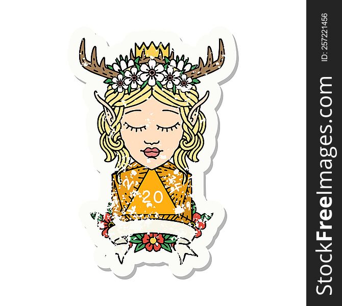 Elf Druid Character With Natural 20 Dice Roll Grunge Sticker