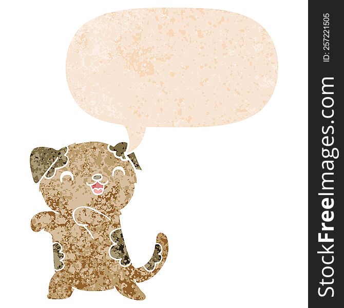 Cute Cartoon Puppy And Speech Bubble In Retro Textured Style