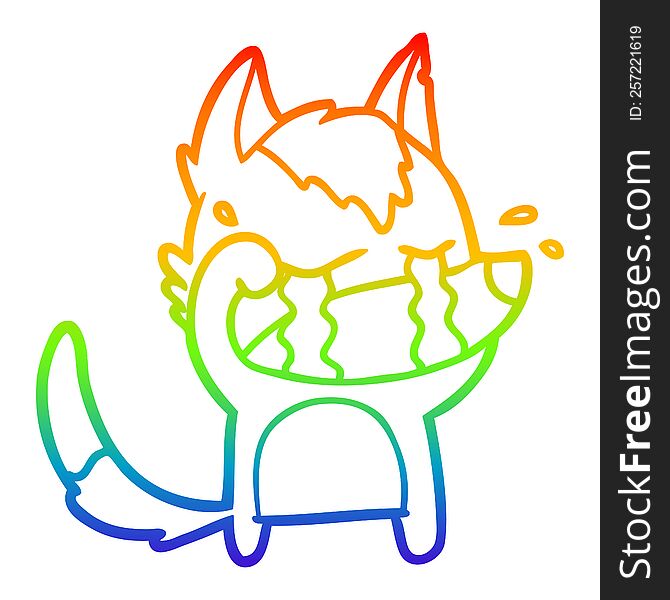 rainbow gradient line drawing of a cartoon crying wolf rubbing eyes