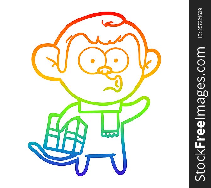 rainbow gradient line drawing of a cartoon christmas monkey