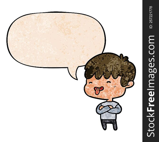 Cartoon Boy Sticking Out Tongue And Speech Bubble In Retro Texture Style