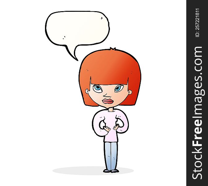 cartoon woman gesturing at herself with speech bubble
