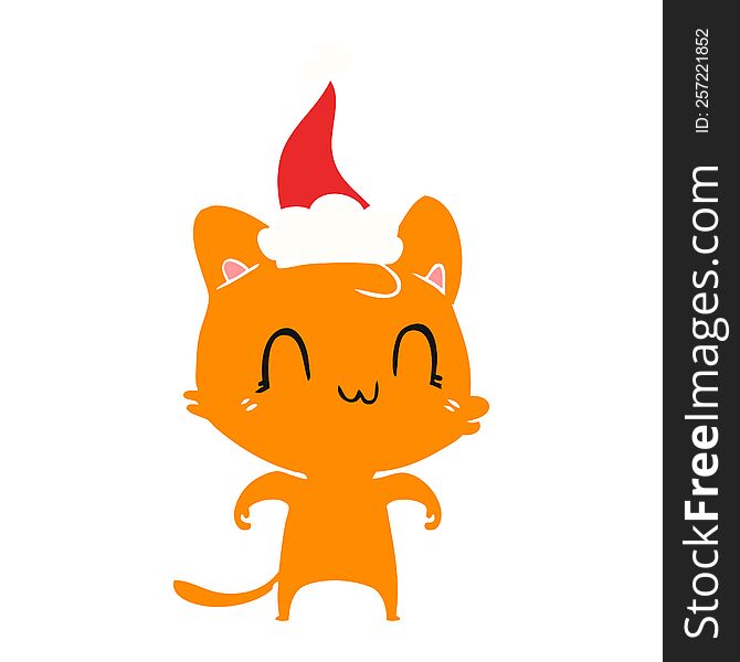 hand drawn flat color illustration of a happy cat wearing santa hat