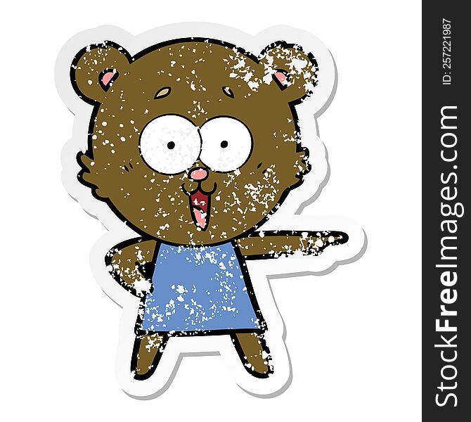 Distressed Sticker Of A Laughing Pointing Teddy Bear Cartoon