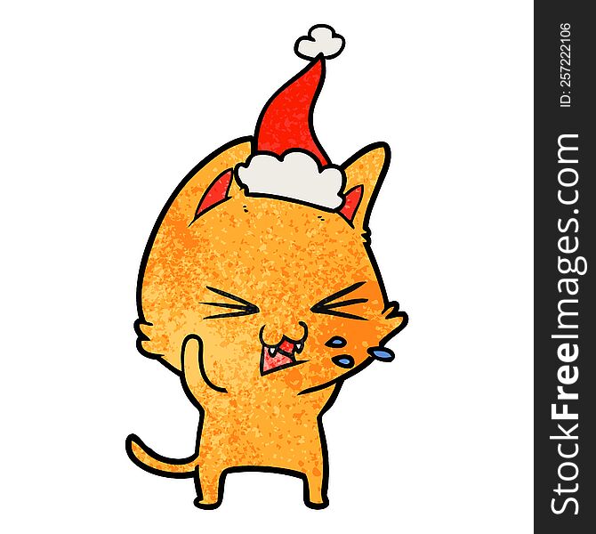 Textured Cartoon Of A Cat Hissing Wearing Santa Hat