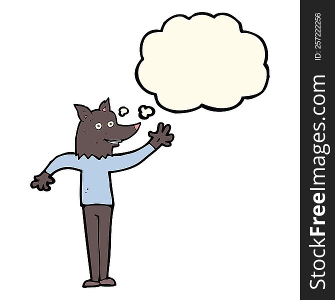 cartoon waving wolf man with thought bubble