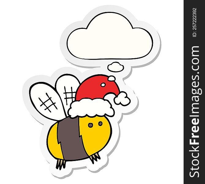 Cute Cartoon Bee Wearing Christmas Hat And Thought Bubble As A Printed Sticker
