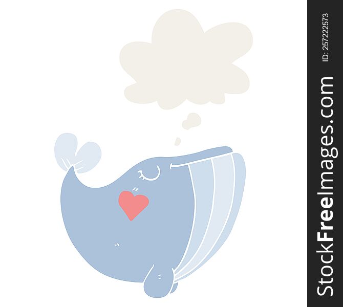 cartoon whale with love heart with thought bubble in retro style