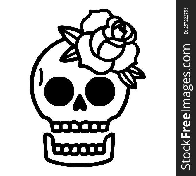 Black Line Tattoo Of A Skull And Rose