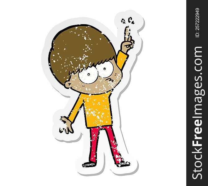 Distressed Sticker Of A Nervous Cartoon Boy With Idea