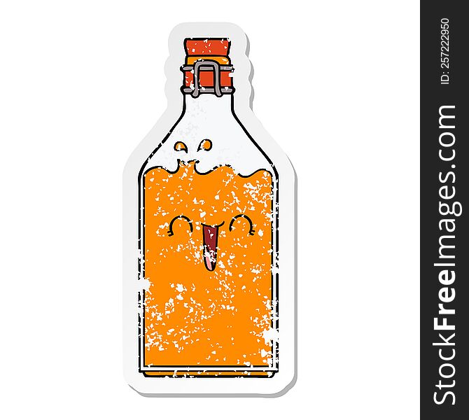 distressed sticker of a cartoon old juice bottle