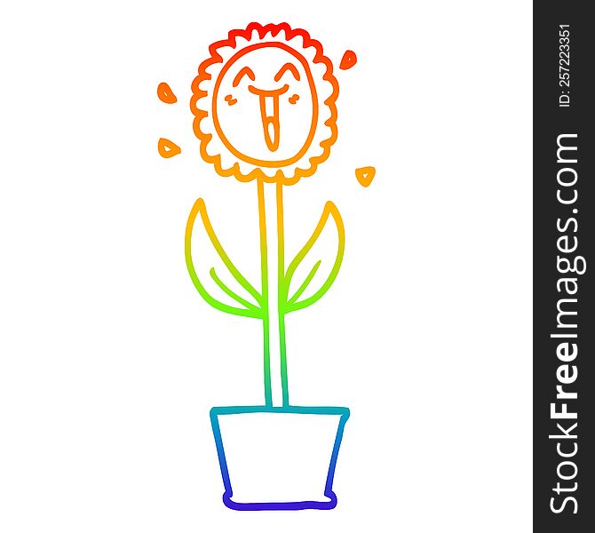 Rainbow Gradient Line Drawing Cartoon Flower In Pot