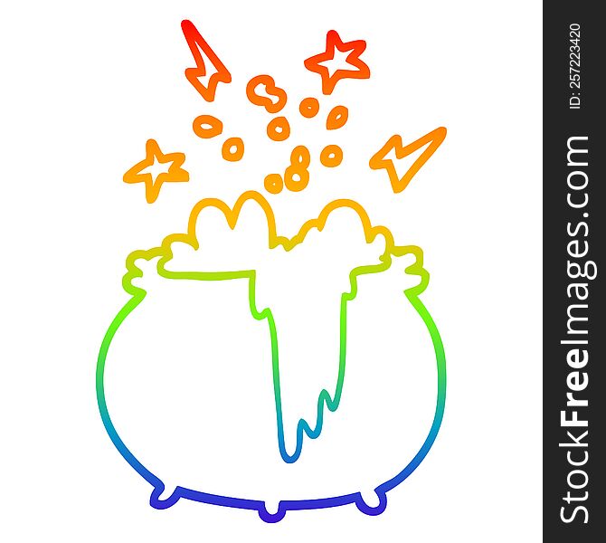 rainbow gradient line drawing of a cartoon witchs cauldron
