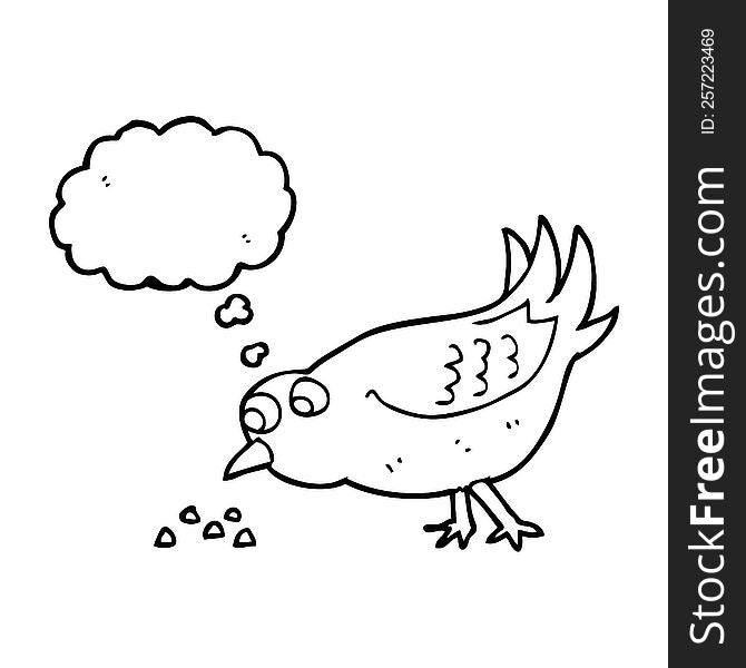 freehand drawn thought bubble cartoon bird pecking seeds