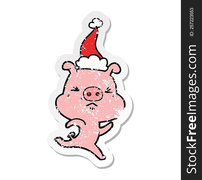 Distressed Sticker Cartoon Of A Annoyed Pig Running Wearing Santa Hat