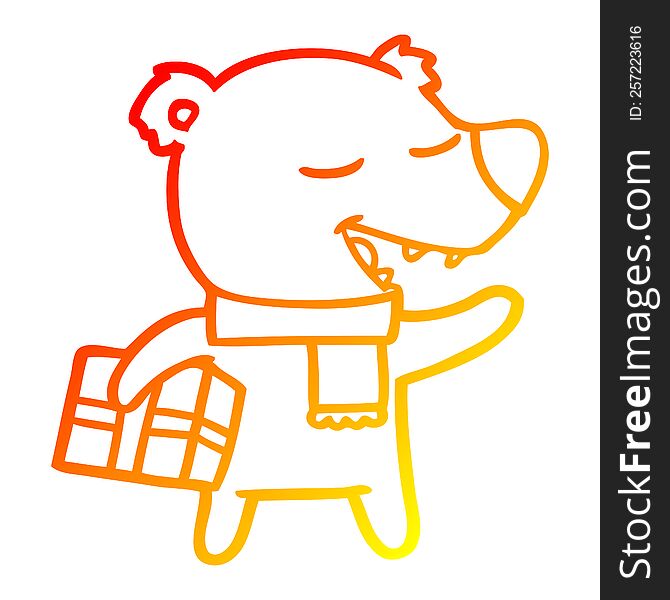 Warm Gradient Line Drawing Cartoon Bear With Present