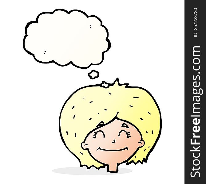 cartoon happy female face with thought bubble