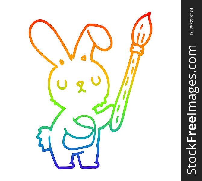 rainbow gradient line drawing of a cartoon rabbit with paint brush