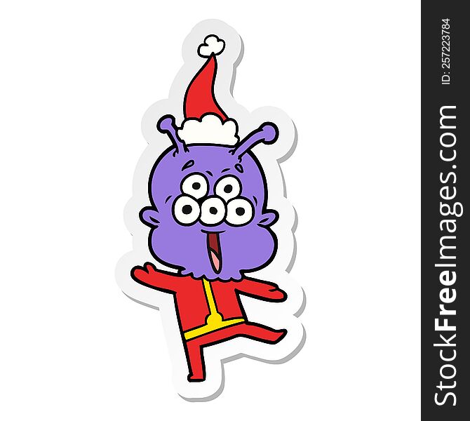 Happy Sticker Cartoon Of A Alien Dancing Wearing Santa Hat