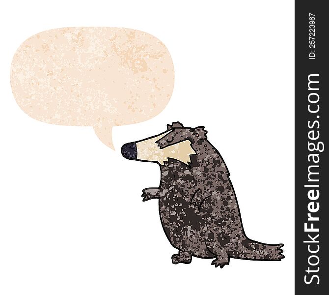 cartoon badger with speech bubble in grunge distressed retro textured style. cartoon badger with speech bubble in grunge distressed retro textured style