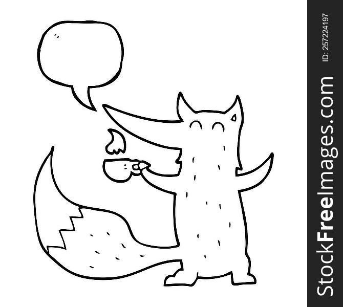 freehand drawn speech bubble cartoon wolf with coffee cup