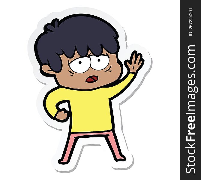 sticker of a cartoon exhausted boy