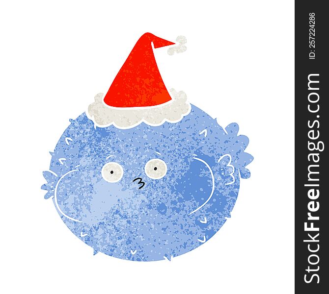 retro cartoon of a puffer fish wearing santa hat