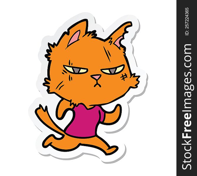 Sticker Of A Tough Cartoon Cat Running