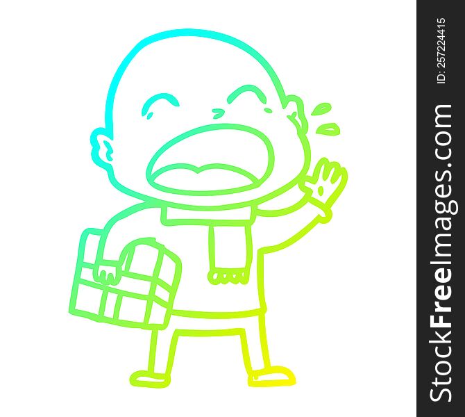 Cold Gradient Line Drawing Cartoon Shouting Bald Man With Present