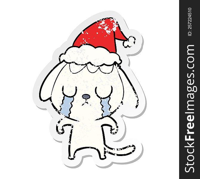 Cute Distressed Sticker Cartoon Of A Dog Crying Wearing Santa Hat