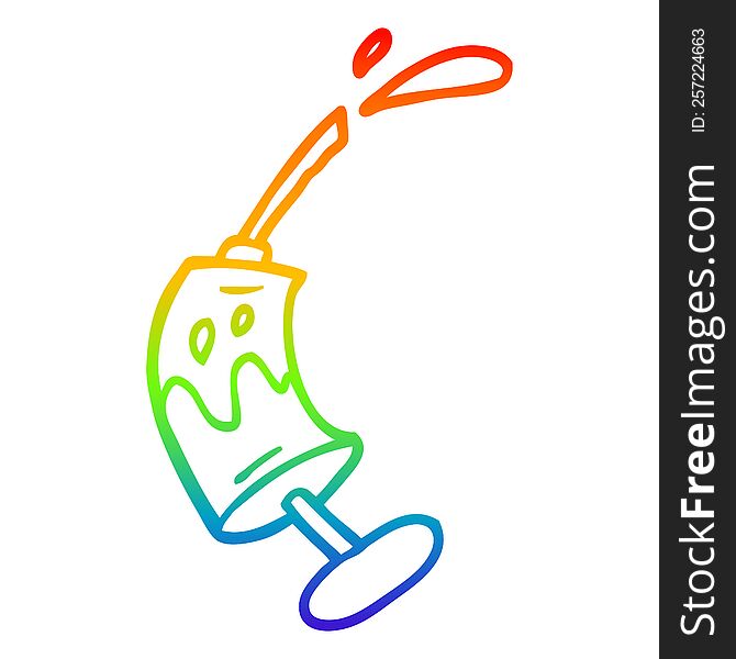 rainbow gradient line drawing of a cartoon syringe of blood