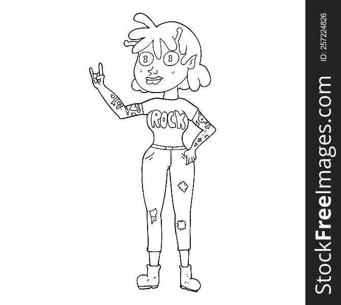 freehand drawn black and white cartoon alien rock fan girl