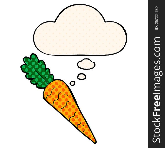 cartoon carrot with thought bubble in comic book style