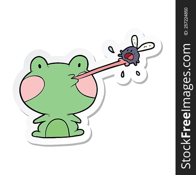 sticker of a cartoon frog catching fly