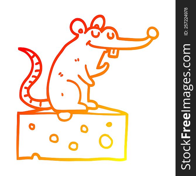 Warm Gradient Line Drawing Cartoon Mouse Sitting On Cheese