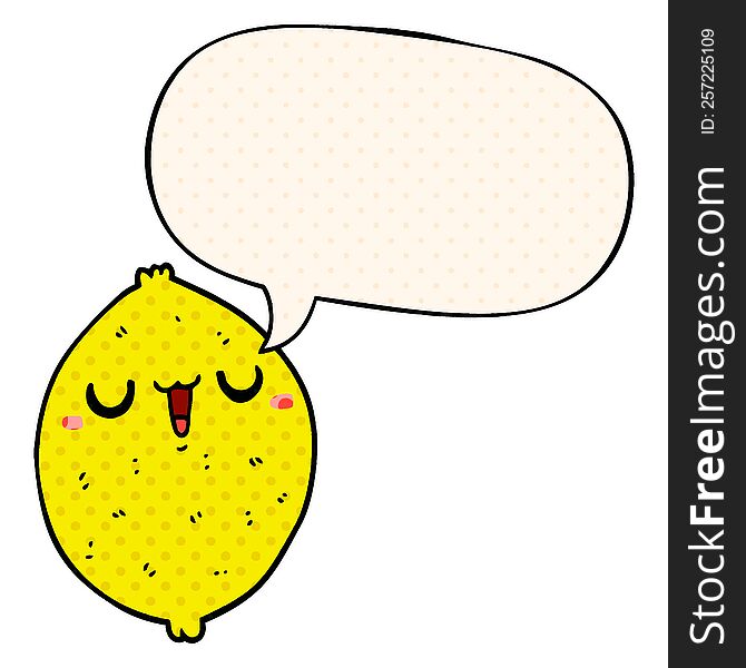 cartoon happy lemon with speech bubble in comic book style