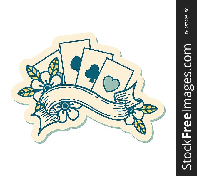 Tattoo Style Sticker Of Cards And Banner