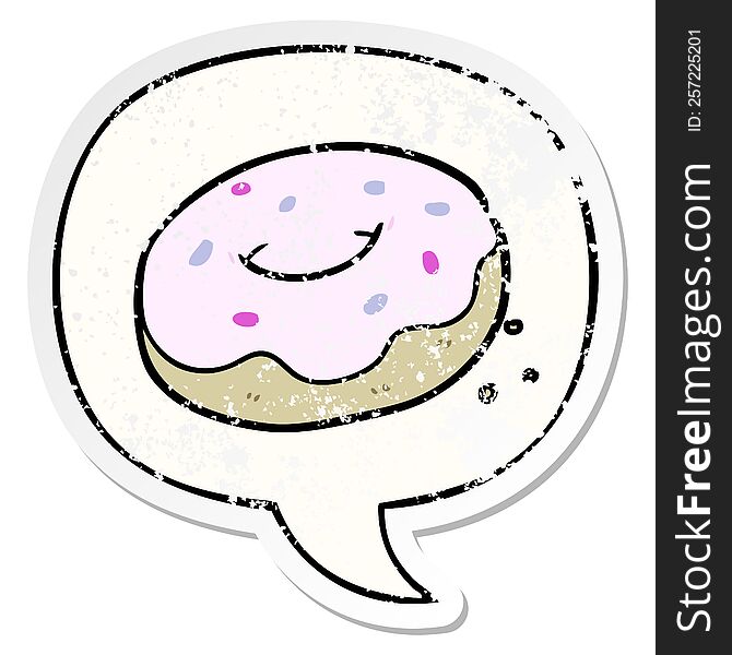cartoon donut and sprinkles and speech bubble distressed sticker