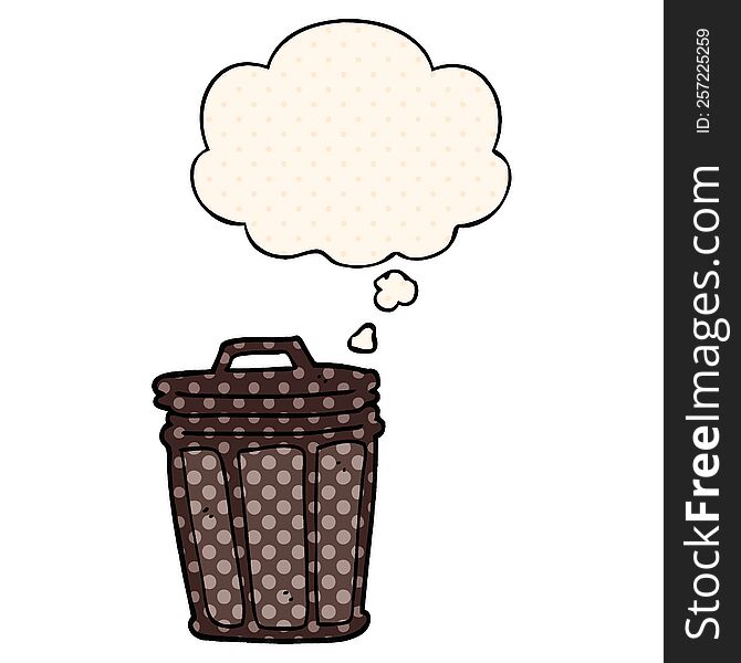 cartoon trash can and thought bubble in comic book style