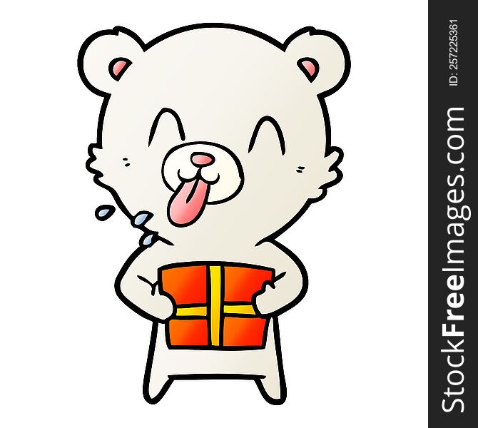rude cartoon polar bear sticking out tongue with present. rude cartoon polar bear sticking out tongue with present