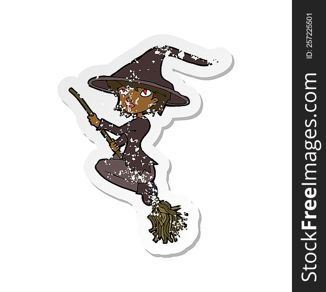 Retro Distressed Sticker Of A Cartoon Witch Riding Broomstick