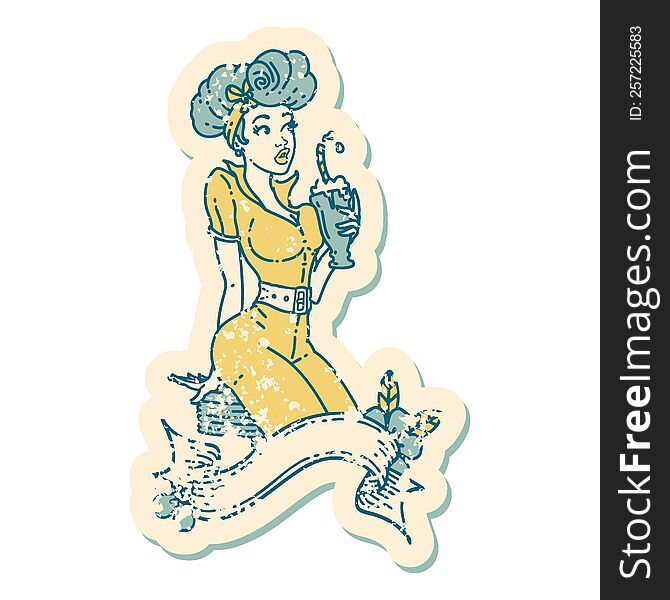 Distressed Sticker Tattoo Style Icon Of A Pinup Girl Drinking A Milkshake With Banner