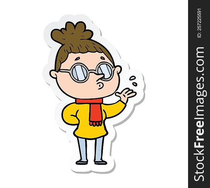 sticker of a cartoon woman wearing glasses