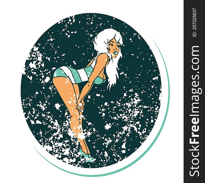 iconic distressed sticker tattoo style image of a pinup girl in swimming costume. iconic distressed sticker tattoo style image of a pinup girl in swimming costume