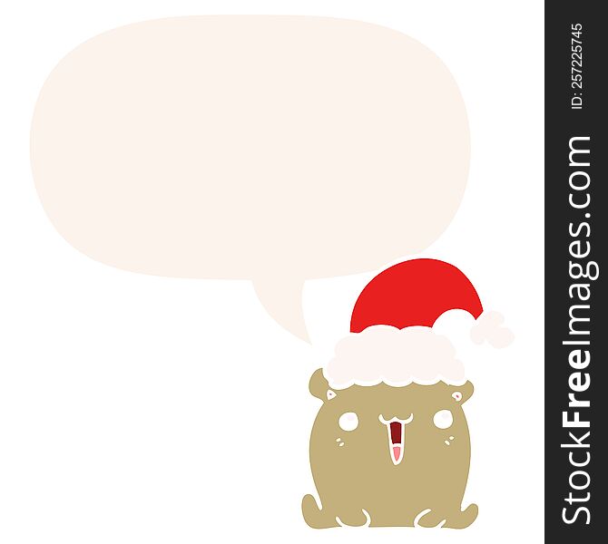 Cute Cartoon Bear And Christmas Hat And Speech Bubble In Retro Style