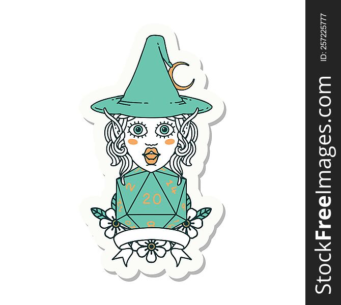 sticker of a elf mage character with natural twenty dice roll. sticker of a elf mage character with natural twenty dice roll